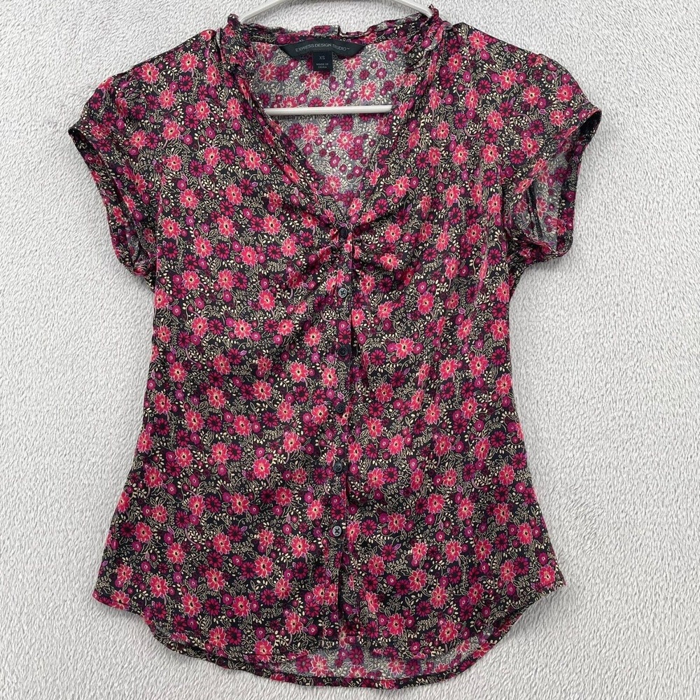 Express Design Studio Silk Top Women XS Black Floral Button Front Y2K Whimsigoth